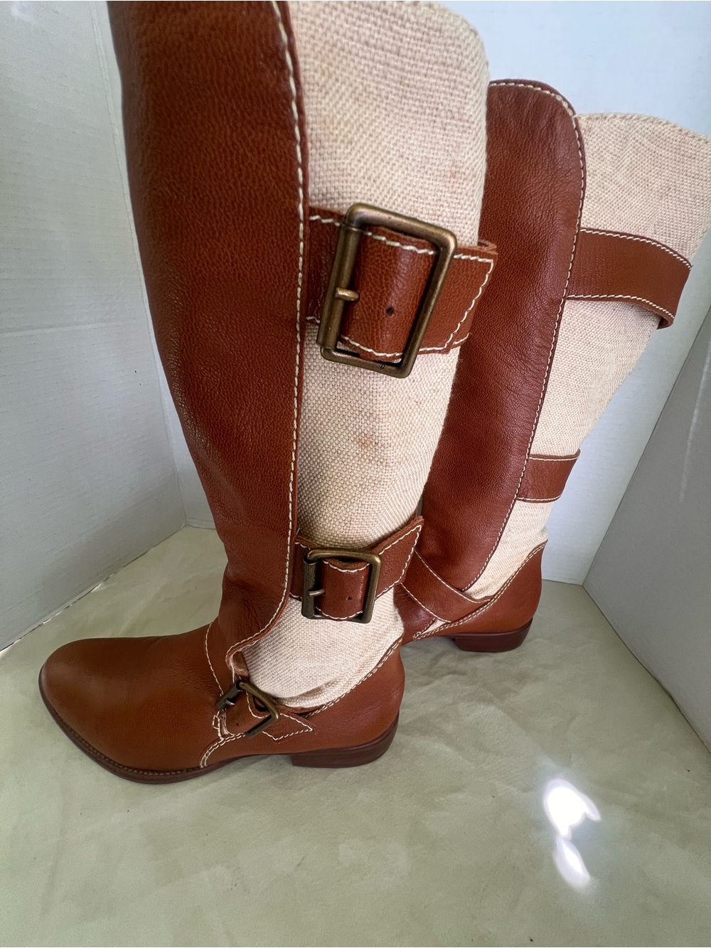 Women’s Corso Como  Tall Brown and Cream  canvas Buckle Riding Boots
